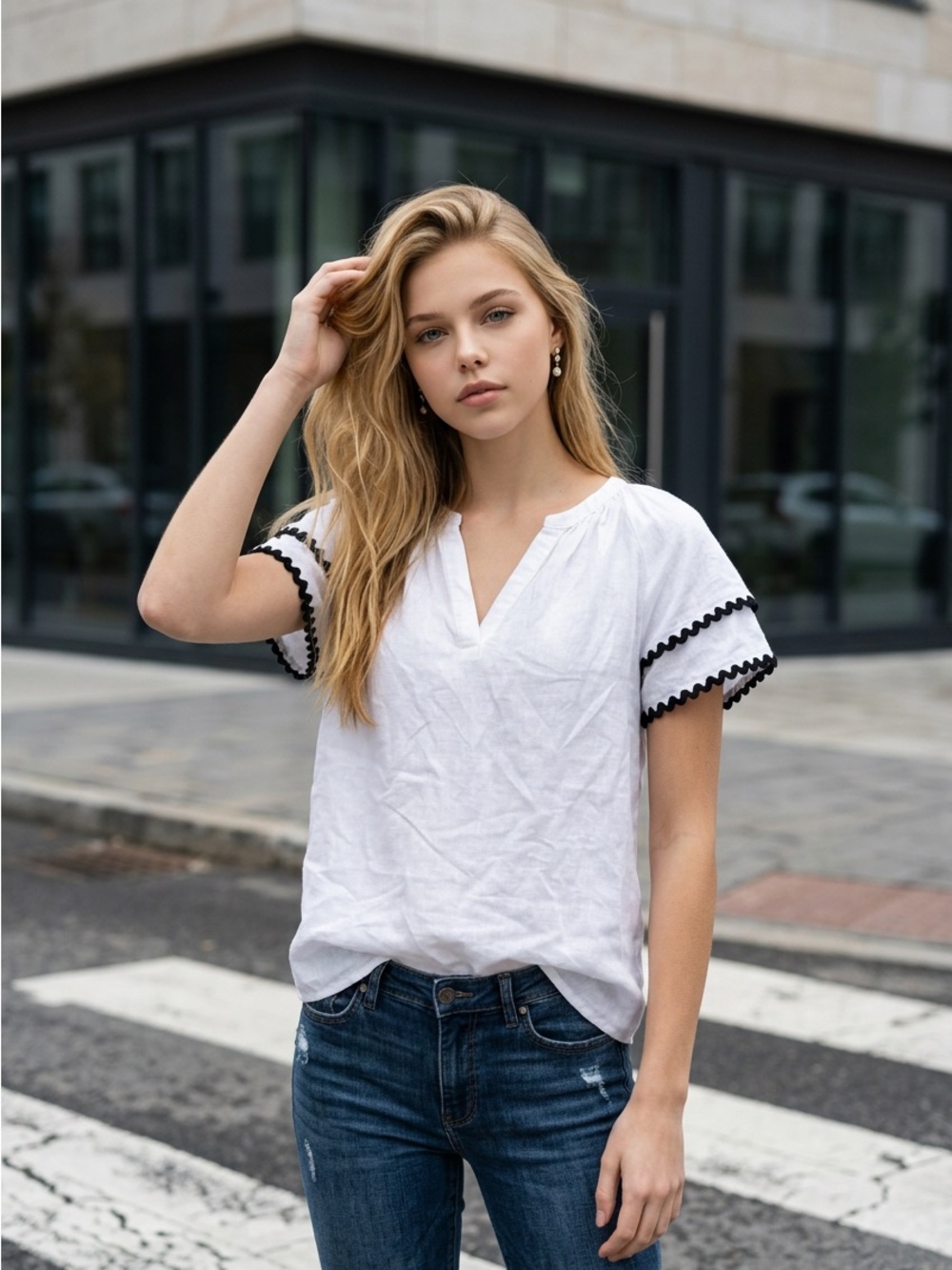 NWT White Split-Neck Blouse with Black Trim Accent